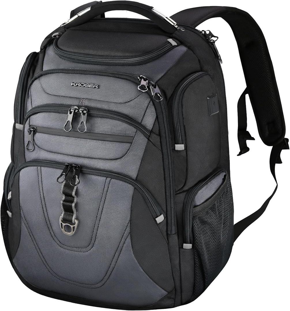 KROSER TSA Friendly Travel Laptop Backpack 18.4 inch XXXL Gaming Backpack Water-Repellent College Daypack Business Backpack with RFID Pockets & USB Port for Men/Women-Black/Grey-18.4, 18.4 inch