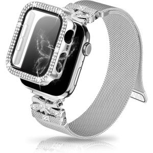 Magnetic Band for Women Compatible with Apple Watch Band 38mm 40mm 41mm 42mm 44mm 45mm 46mm Milanese Stainless Steel Loop with Bling Protective Case, Dressy Metal Strap Replacement iWatch Band