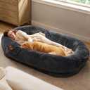 Bedsure Human Dog Bed for Adult, Plush Giant Calming Nest Bed Orthopedic | 71" Human Size Dog Bed Washable with Storage Pocket, Supportive Bolster, Egg Foam, Non-Slip Bottom, Fluffy Faux Fur,Dark Grey 
