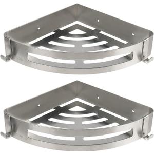 NearMoon Bathroom Shower Caddy 2 Pack, No Drill 304 Stainless Steel Shower Organizer with 2 Hooks (Corner Shelf, Brushed Nickel)