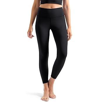 YUNOGA Women's Ribbed High Waisted Tummy Control Leggings Buttery 25" Inseam Workout Yoga Pants, L, Black