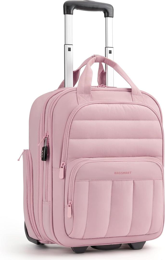 BAGSMART Small Underseat Carry on Luggage with Wheels, 16 inch Small Under Seat Luggage, Lightweight Travel Suitcase for Women, Baby Pink