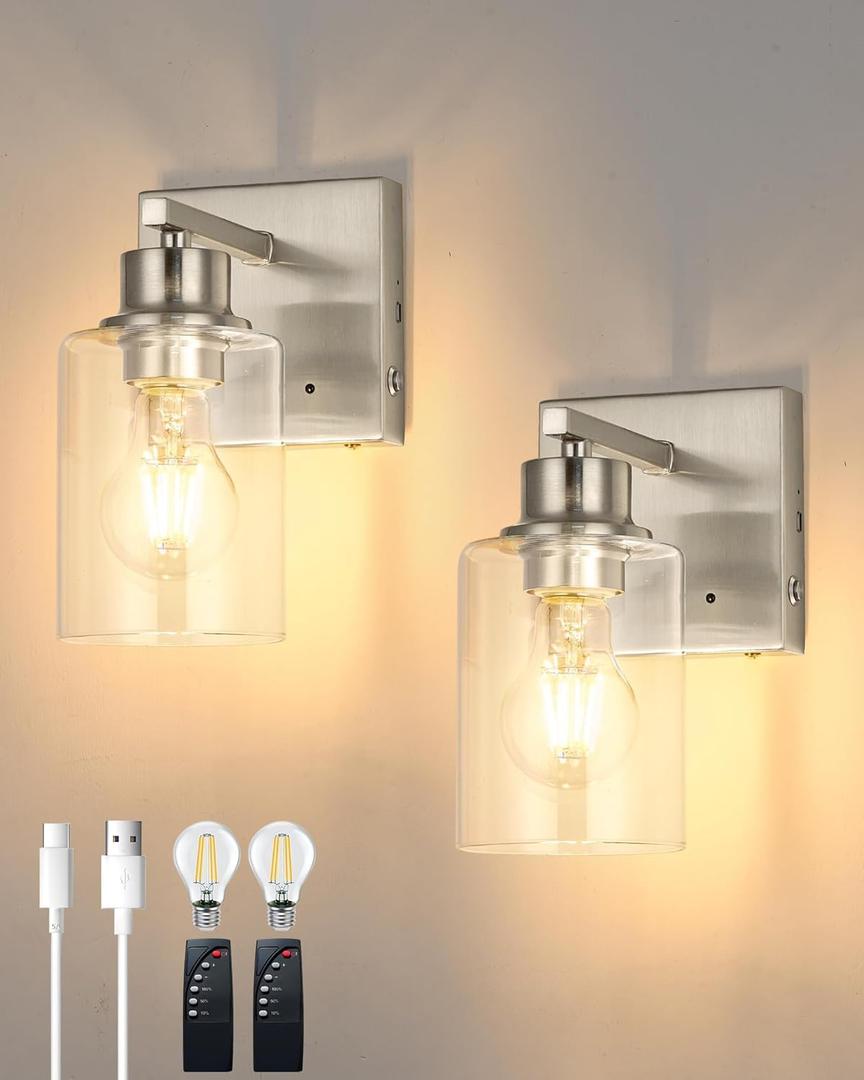 Battery Operated Wall Sconce Set of 2, Rechargeable, Cordless, Dimmable, Timer, Remote, Touch Control, 3000K, USB-C Charging for Living Room, Bedroom Nickel (Include 2 Special Bulbs) Battery Operated Wall Sconce Set of 2, Rechargeable, Cordless, Dimmable, Timer, Remote, Touch Control, 3000K, USB-C Charging for Living Room, Bedroom Nickel (Include 2 Special Bulbs)