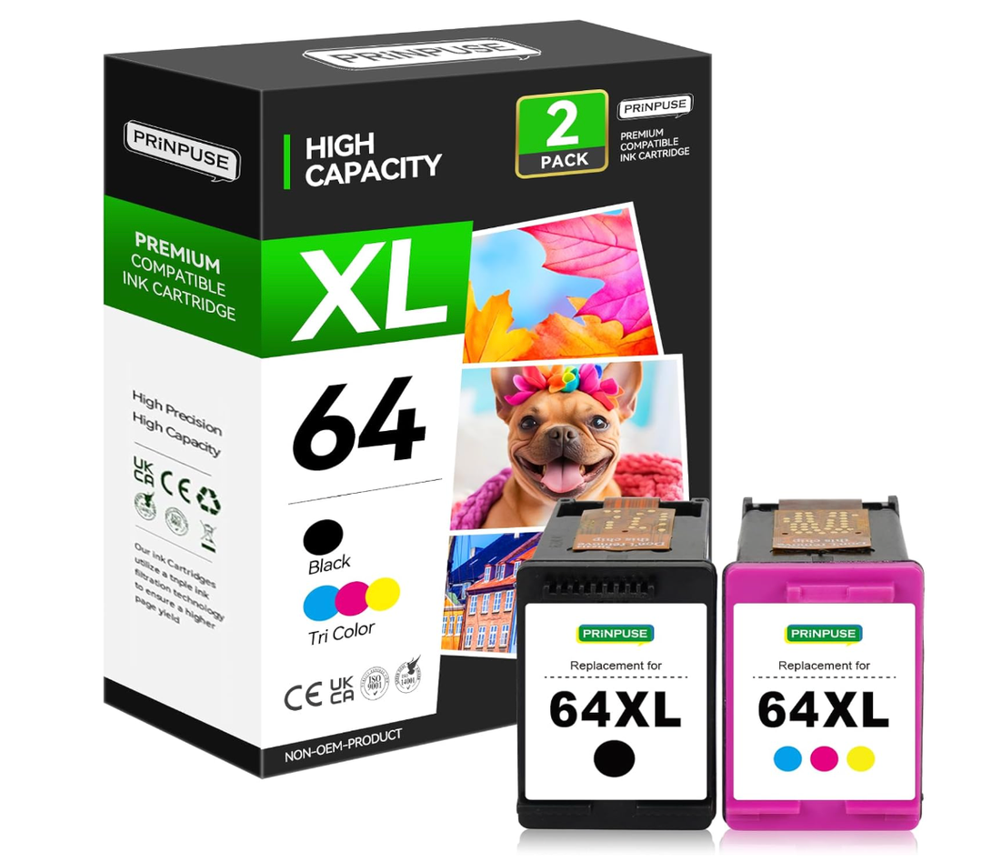 PRINPUSE 64XL Ink Cartridges Black and Color Replacements for HP 64XL Ink Cartridge Combo Pack HP 64 Ink for Envy Photo 7855 7858 7155 7120 7800 6252 6255 7158 7100 7164 Printer (2 Pack)