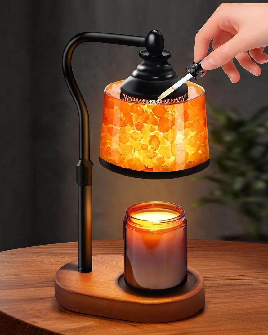 3-in-1 Candle Warmer Lamp with Timer Dimmable, Himalayan Salt Lamp & Passive Diffuser, Gifts for Women, House Warming Gifts New Home Decor, Wax Melt Warmer for Jar Candles (2 Bulbs) (Black Metal)
