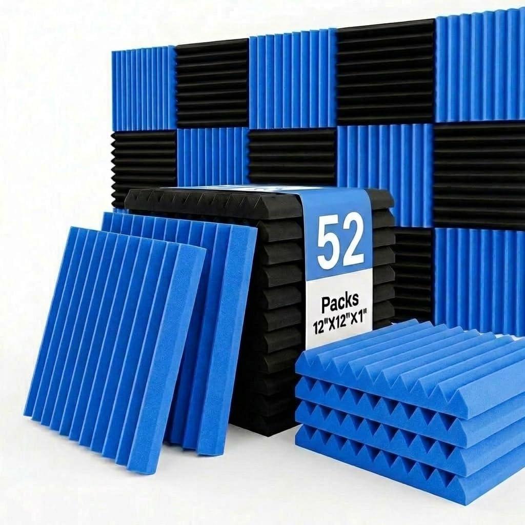 52 Pack Black blue 1" x 12" x 12" Acoustic Wedge Studio Foam Sound Absorption Wall Panels(Accompanied By Double-Sided Adhesive Tape)