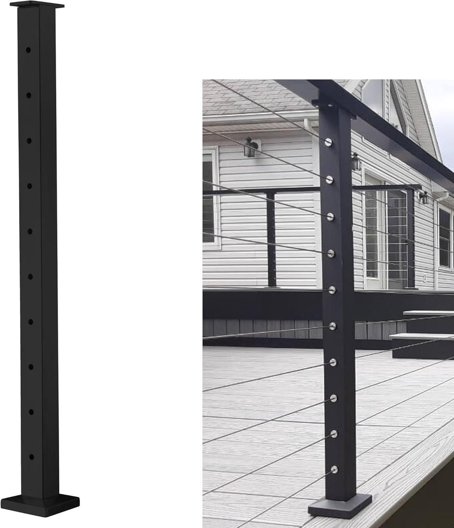 Cable Railing Post - Stainless Steel Square Fence Post for Deck Cable Railing System, Flat top 36"x 2"x2"- 10 Holes Level Pre-Drilled, Matte Black