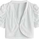 WDIRARA Women's Plus Size Ruched Puff Short Sleeve Bolero Shrugs Open Front Cropped Cardigan (White)