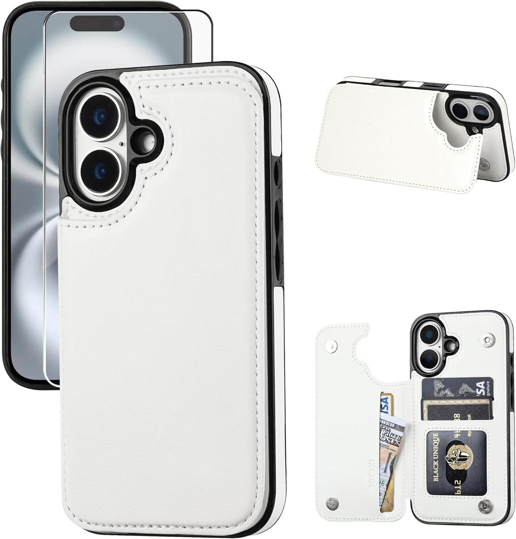 Wallet Case Compatible with iPhone 16 6.1", Slim Protective Case with Card Holder,Premium PU Leather Kickstand Card Slots Case with Double Magnetic Clasp-White