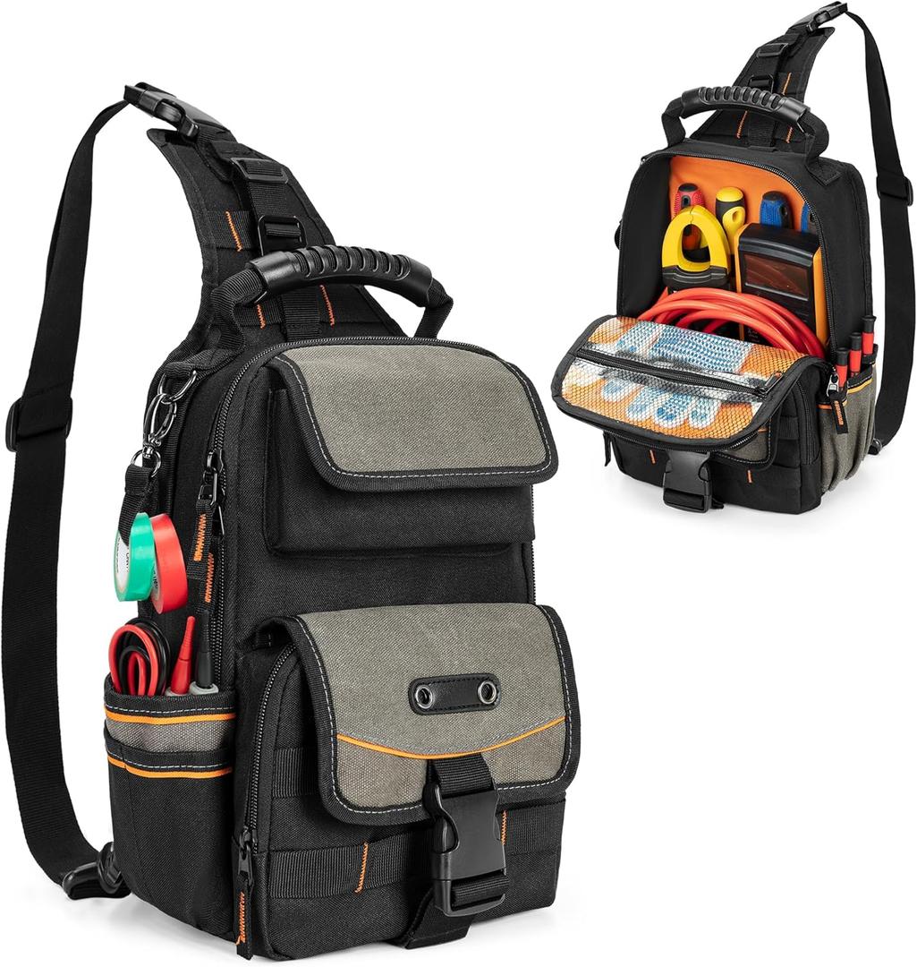 Electrician Tool Pouch Bag, Zippered HVAC Tool Organizer with Ergonomic Handle and Shoulder Strap for Maintenance Repair Technicians, Black