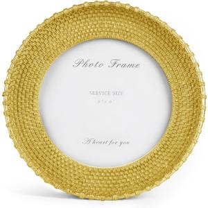 Cuspin 6x6 Round Picture Frame, Vintage Gold 6 inch Circle Frame Rattan Textured Hand-Crafted Resin Photo Frames with Glass Front for Tabletop Display & Wall Hanging, Retro Design Home Decor
