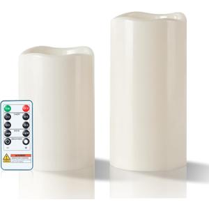 5plots 4"6" 8" Large Outdoor Waterproof Flameless Candles Ivory White with Timer & Remote, Battery Operated LED Flickering Pillar Candles for Patio Porch Halloween Christmas Lantern, Set of 2