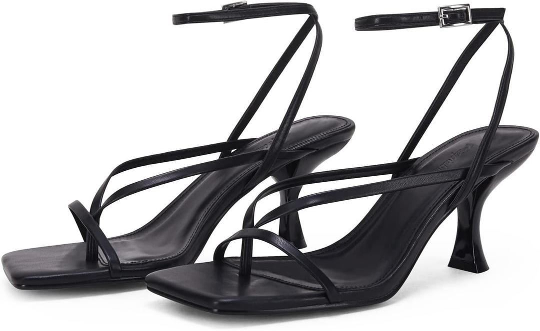 PiePieBuy Women's Lace Up Heeled Sandals Square Flip Flop High Heels Strappy Party Shoes (Black, 9)
