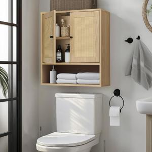 Rattan Bathroom Cabinet Wall Mounted,Double Door Wall Cabinet with Open Compartment,Over The Toilet Storage Cabinet,for Kitchen,Living Room Laundry Room 23.23 x 7.68 x 24 in (Oak)