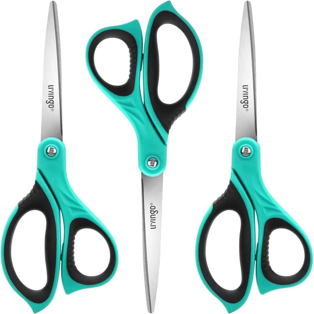 LIVINGO Scissors All Purpose Heavy Duty - 3 Pack 8.5 Blue Sharp Shears for Office Home and School Crafting Sewing Cutting Paper Fabric