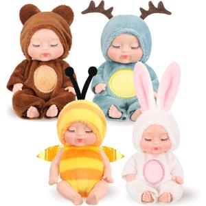 Hanaive 4 Pcs 4 Inch Mini Baby Dolls Lifelike Realistic Baby Dolls Animal Clothes Cute Tiny Gifts for Kids Birthday Party(Cute Style)