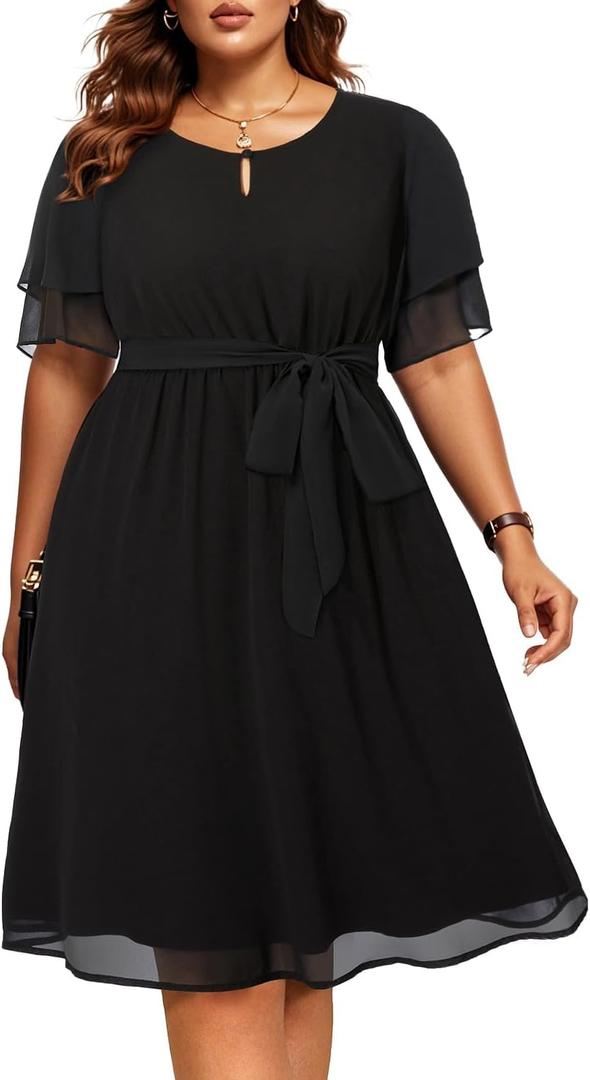 Pinup Fashion Plus Size Dresses for Wedding Guest - Semi Formal Cocktail Chiffon Keyhole Neck Knee Length Dress (Black), 20