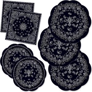 CC HOME Black Bandana Birthday Paper Plates Napkins Paisley Print Disposable Tableware Set Party Supplies Western Cowboy Theme Dinnerware Sets Serves 24 Guests for Party Plates Napkins 88PCS