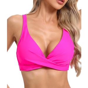 Womens Underwire Push Up Bikini Top Adjustable Wide Straps Cropped Tankini Swimsuit Top Only (Pink, L)