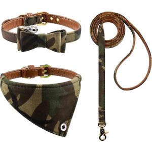3PCS Bow Tie Dog Collar and Leash Set Plaid/Camo/Dots/Flower Dog Bandanas with Bell 3 Size Adjustable for Small Dogs Puppies and Cats (XS, Camo 1)