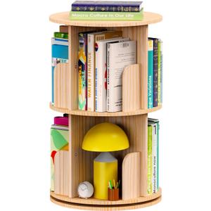 Small Rotating Bookshelf, 2 Tier Revolving Bookcase 360 Display Round Spinning Bookshelf Narrow Swivel Corner Book Shelf Standing Bookcase for Kids Bedroom, Living Room
