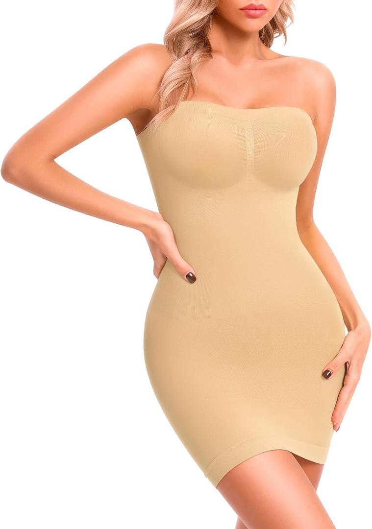 Fortix Strapless Shapewear Slips for Under Dresses Strapless Full Body Shaper Tummy Control Dress Slip Seamless (Beige, S)