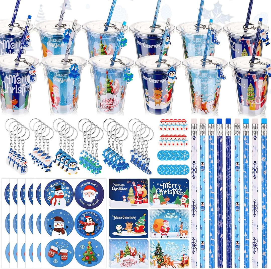 Baderke 144 Pcs Blue Christmas Classroom Gifts for Students Goodie Bag Fillers for Stocking Stuffer Xmas Party Supplies Goody Cups Pencil Eraser Keychain Sticker Greeting Card Gift Exchange Prize