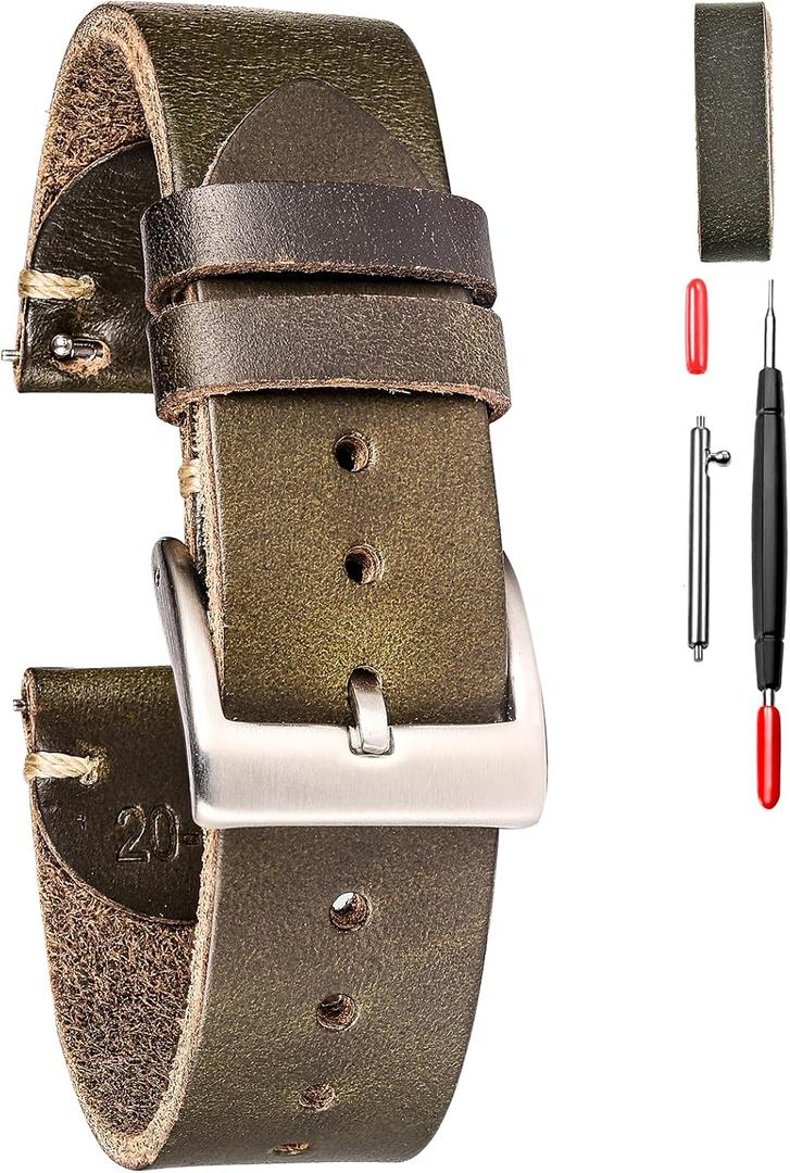 hemsut h Leather Watch Bands for Men, Horween Quick Release Leather Watch Strap Vintage Watch Replacement Wrap of  22mm (Green)