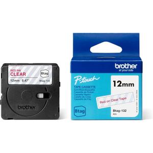Brother Genuine P-Touch Btag BTAG132 Red on Clear Label Tape ~1/2in by 13.1ft (12mm x 4m)