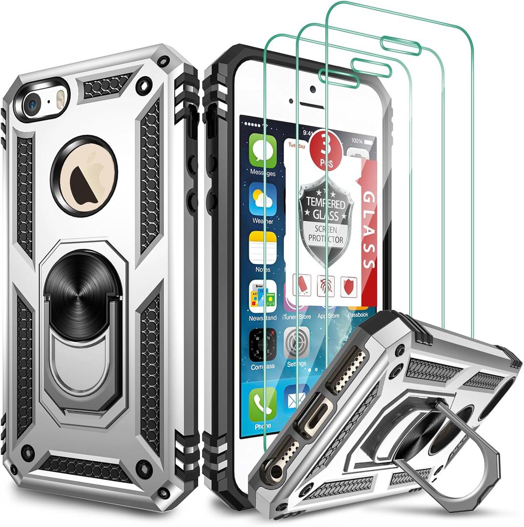 for iPhone SE Case(1st gen - 2016), Case for iPhone 5S with [3X Tempered Glass Screen Protector]Built-in Ring Kickstand and Magnetic Car Mount Shockproof Dropproof Case for iPhone SE/5/5S (4") -White