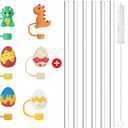 6PCS Easter Eggs Cover Cap with Reusable Glass Straws for Stanley Cup, Drinking Straws Size 11.8''x10MM with 2 Cleaning Brushes, Silicone Dinosaur Cute Straw Topper