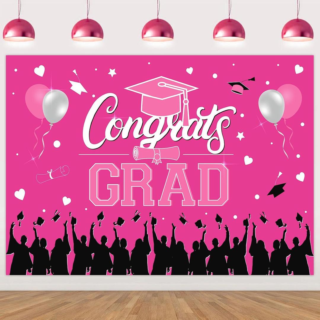 Pink Graduation Backdrop Decorations 7*5 ft Class of 2026 Congrats Grad Backdrop Banner Hot Pink We’re So Proud of You Finally Done Banner Graduation Decor for College Grad Party Decorations