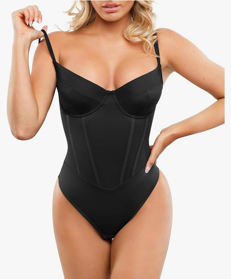 Popilush Corset Bodysuit Built in Bra - V Neck Bodysuits for Women Tummy Control Thong Shapewear Concert Outfits Club Tops XL