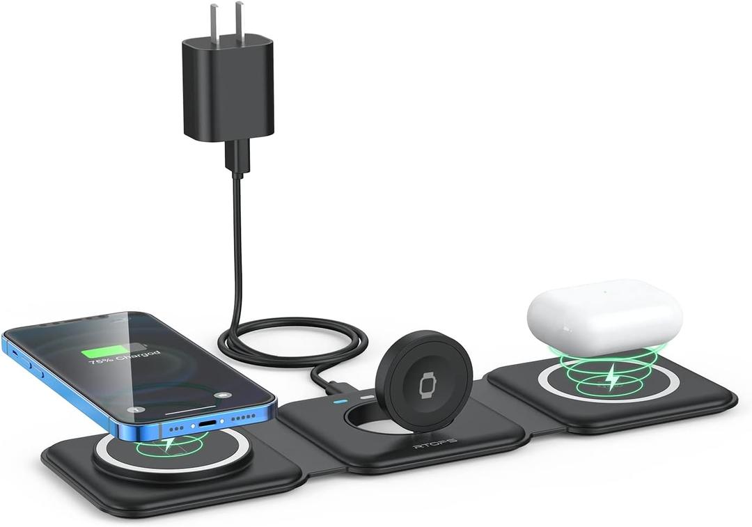 Wireless Charger 3 in 1,RTOPS Magnetic Travel Wireless Charging Station Multiple Devices,GaN 3 in 1 Charging Station,Compatible for iPhone16/15/14/13/Pro/Max,iWatch,AirPods4/3/2/Pro(Adapter Includes) (black)