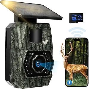 MAXDONE Solar Trail Camera WiFi Bluetooth  64MP 4K Game Camera with 5200mAh Rechargeable Battery, 0.1s Trigger 65ft Night Vision, IP66 Waterproof Trail Cam with 32GB TF Card for Outdoor Backyard