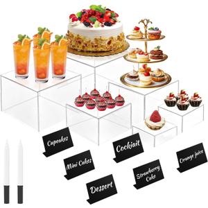 6Pcs Buffet Risers with Mini Sign and Maker, Clear Food Display Risers for Party, Acrylic Risers Display Stand for Buffet Table, Catering Displays for Dessert, Acrylic Boxes with Hollow Bottoms(8",7",6",5",4",3")