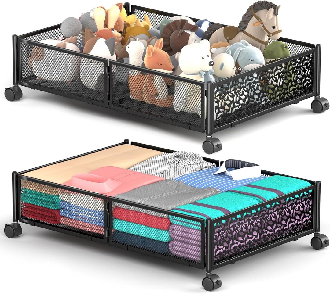 Under Bed Storage With Wheels, 2 Pack Foldable Pattern Carved Metal Under Bed Storage Containers, 60L Rolling Underbed Storage, Easy Assembly Under The Bed Storage for Shoes, Clothes, Blankets...