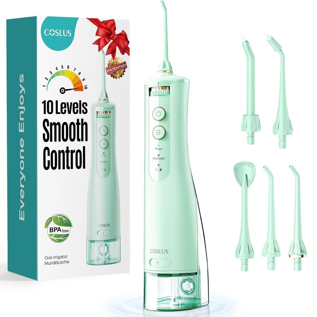 COSLUS E40 Portable Water Flosser for Teeth: 10 Pressure Settings Professional Water Dental Pick for Orthodontic, Braces & Sensitive Gums - Cordless for Travel Use, for Adults Teens, BPA-Free