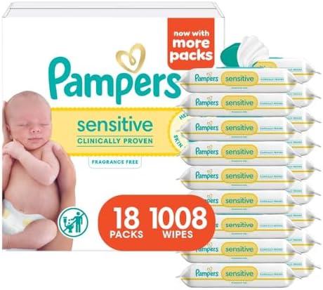 Pampers Sensitive Baby Wipes, Water Based, Hypoallergenic and Unscented, 18 Flip-Top Packs (1008 Wipes Total) 