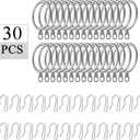 Hotop 30 Pcs Metal Drapery Curtain Rings 0.98/1.26/1.65 inch Interior Diameter and 30 Pcs Hanging Curtain Drapery Pin Hooks for Window Door Shower(Matte Silver,42mm)
