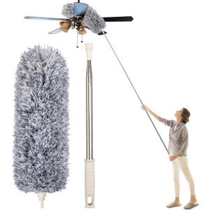Dusters for Cleaning High Ceiling Fan, Newliton Microfiber Feather Duster with 30'' to 100'' Telescoping Extension Pole, Long Extendable Duster for Home Car Furniture Cobweb Gray, 1 Count