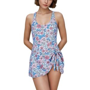 One Piece Swimsuit Women with Skirt and Bottoms, Womens Bathing Suits Tummy Control with Side Tie Knot & Removable Soft Pads (Medium, Floral Printed)