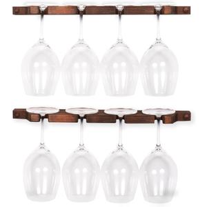 Rustic State Suvla Wall Mounted Wood Stemware Rack Hanging Shelf Glassware Holder Bar Organizer with 8 Wine Glass Storage 17 Inch Long Walnut