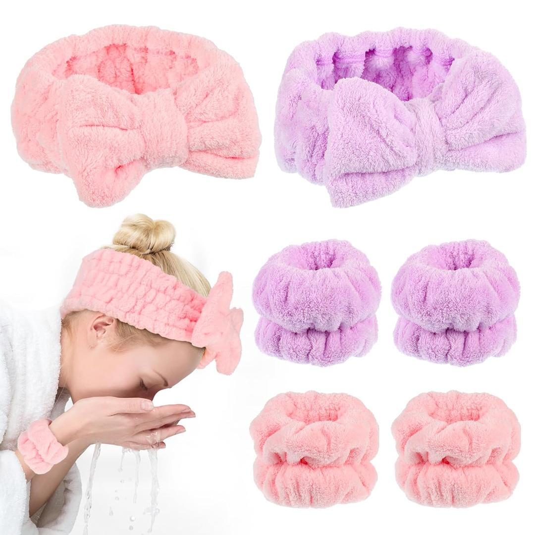 6 Pieces Face Wash Headband and Wristband Set Spa Headband and Wrist Towels for Makeup Skincare Headbands Wrist Bands for Washing Face, Purple and Pink