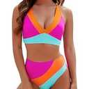 Blooming Jelly Womens High Waisted Bikini Athletic Two Piece Swimsuits Color Block Bathing Suit (Small, Hot Pink)