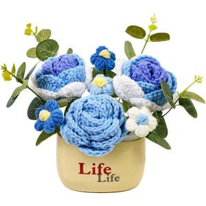 Knitting Crochet Flowers Potted Plants, Fake Sunflower and Knitted Puff Flowers for Friends, Family and Lover, Artificial Handmade Flowers for Birthday Wedding Gift and Home Decor (Blue Roses)