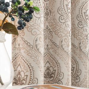 Jinchan Linen Textured Curtains for Living Room Darkening 63 Inch Length, Medallion Drapes for Bedroom, Damask Pattern Window Treatments Vintage Curtain Panels, 2 Panels Taupe on Greige