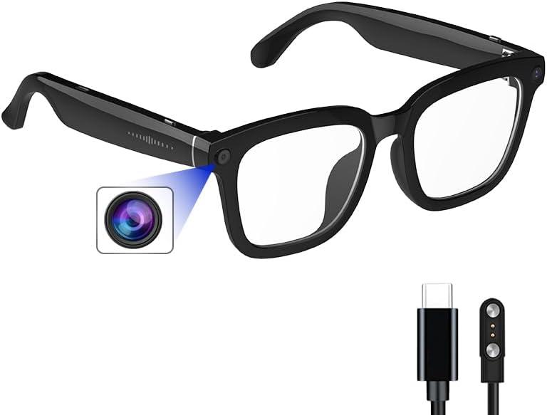 AI Smart Camera Glasses: HD 1080P Video Recording and Photo Taking, Translation, Assistant Conversation, Suitable for Outdoor and Indoor, Cycling, Hiking Travel (Transparent Anti-Blue Light)