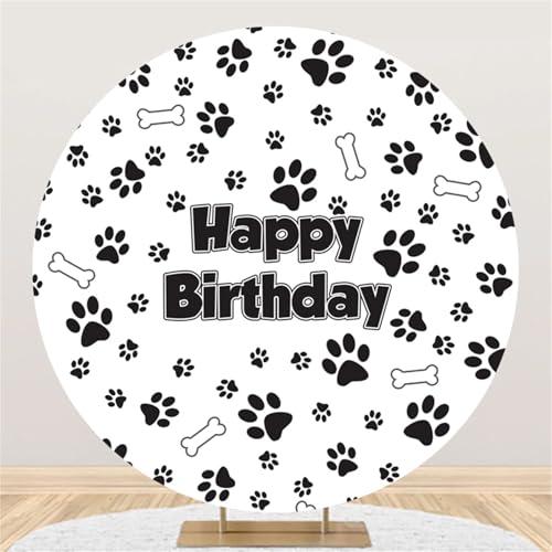 Renaiss 7x7ft Paw Prints Birthday Round Backdrop Cover Black White Bones Dog Footprints Birthday Circle Background Puppy Paw Prints Pet Themed Birthday Party Decor Pet Bday Arch Photo Booth Props