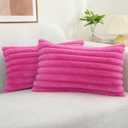 decorUhome Faux Fur Throw Pillow Covers 12x20 Set of 2, Decorative Soft Plush Striped Lumbar Neutral Couch Pillow Covers with Velvet Back for Sofa, Bed, Living Room Home Decor, Hot Pink